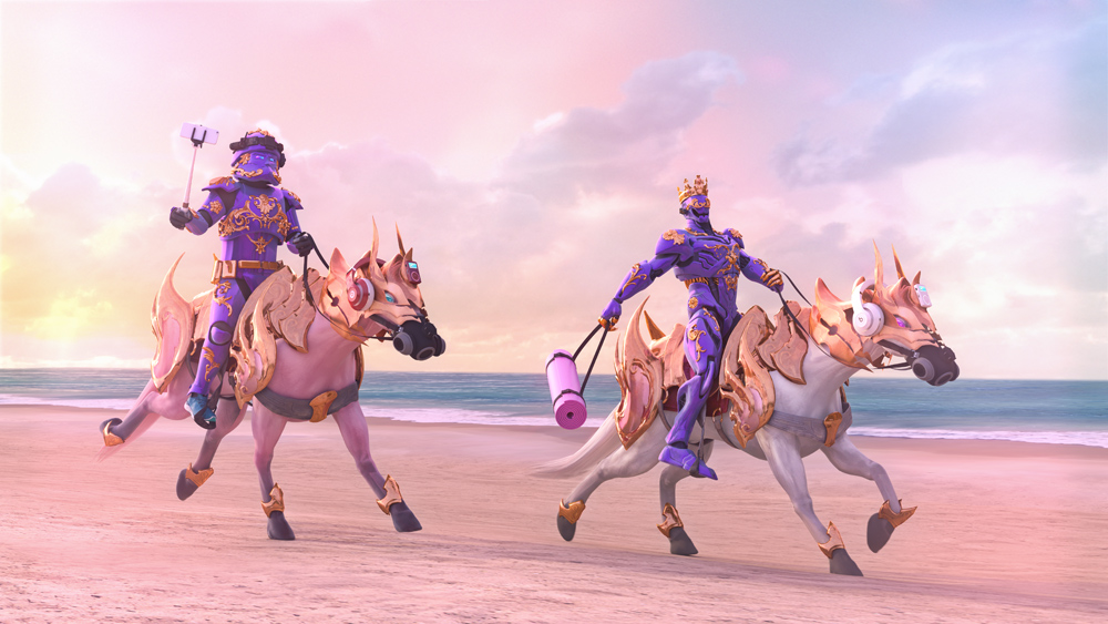 Surreal horseman riding on a beach