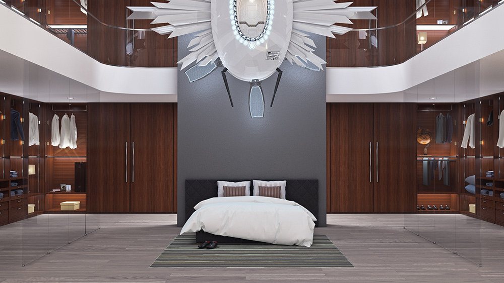 Still from video installation showing ultra-luxurious designer bedroom