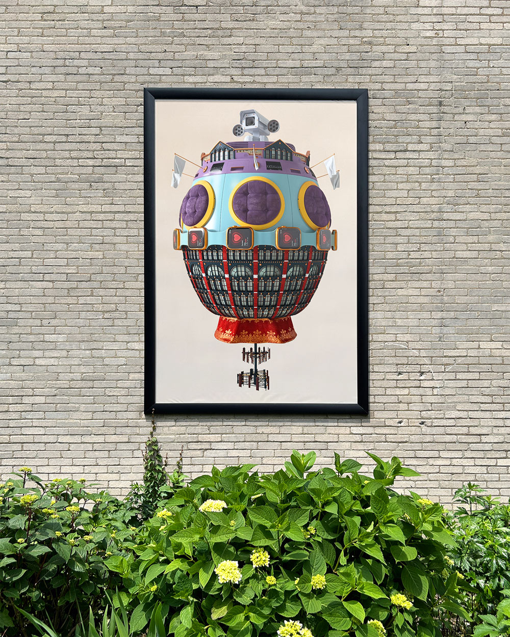 Outdoor art installation showing purple spaceship with architectural details in front of green bush