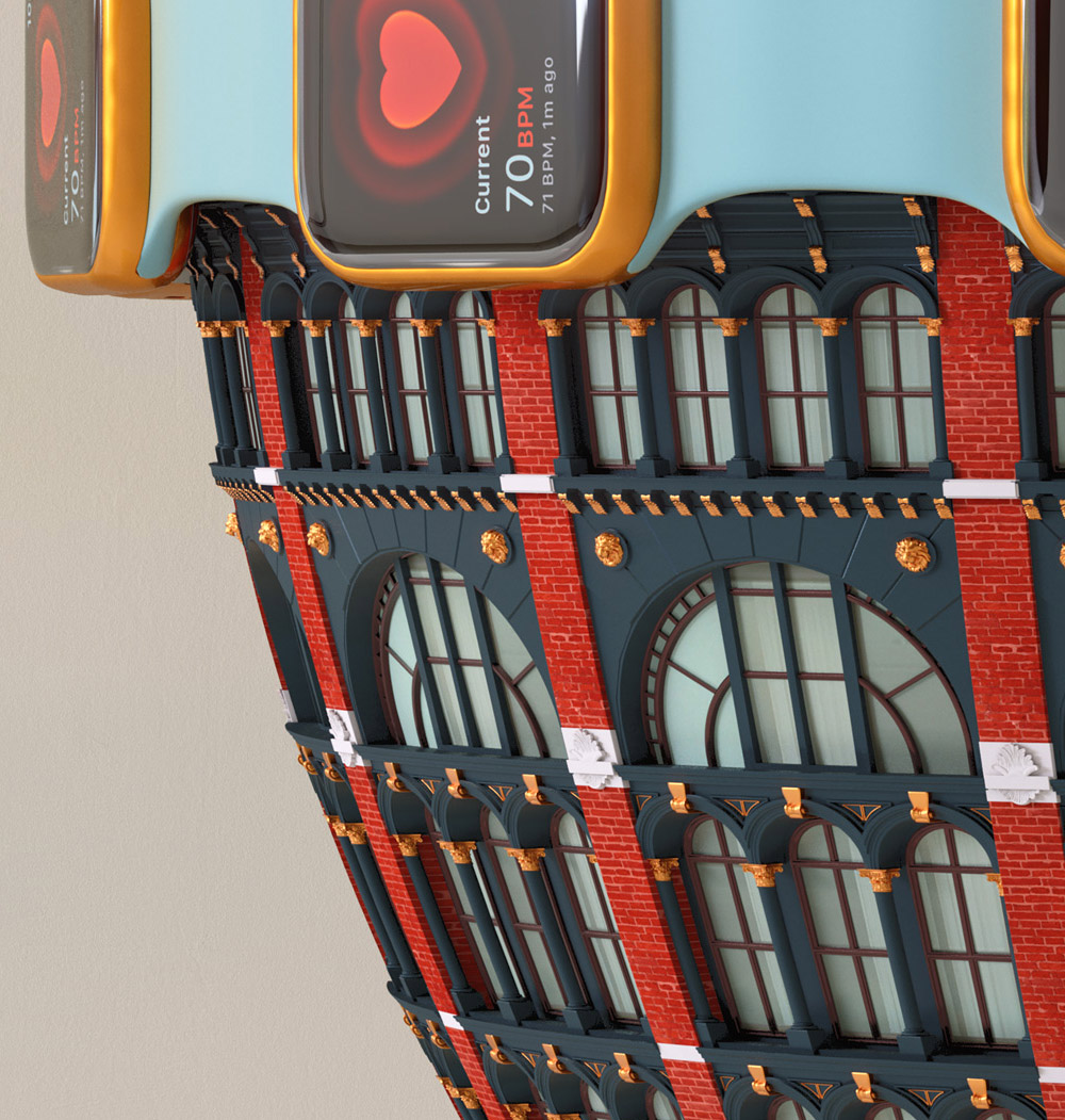 Wall decal by Jonathan Monaghan features strange electronic devices juxtaposed near colorful soft fabrics.