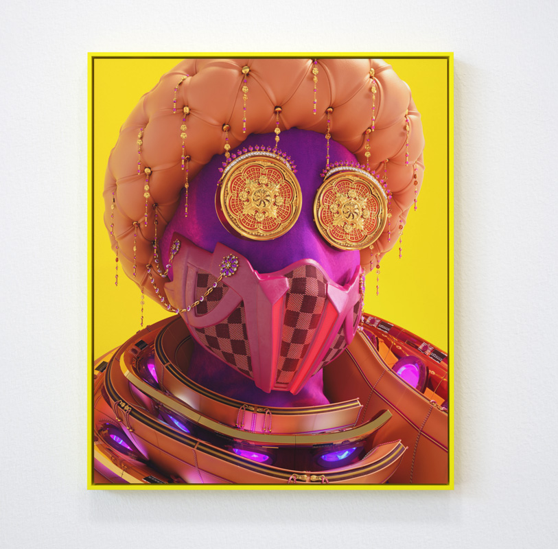 Bright yellow contemporary art print showing purple robot with leather