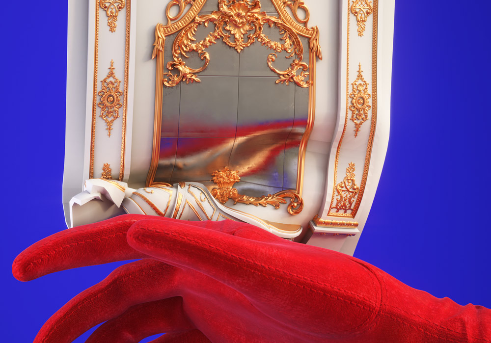 red hand on blue background touching digital baroque architecture